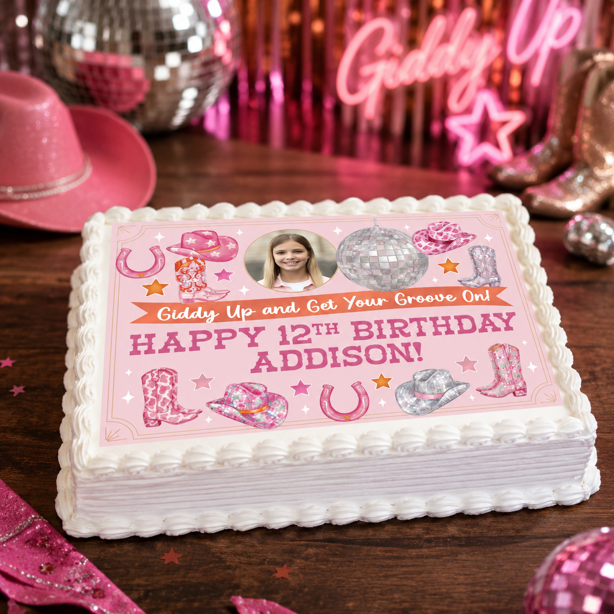 Cowgirl Disco Photo Personalizable Edible Icing